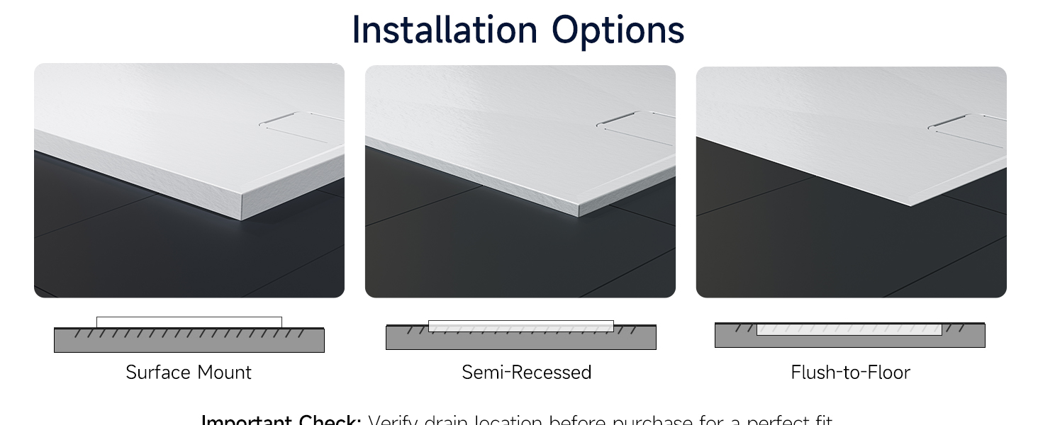 Text reads 'Installation Options'. Three installation diagrams showing 'Surface Mount', 'Semi-Recessed', and 'Flush-to-Floor' mounting options with important check verification note.