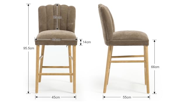 Deux tabourets de bar rembourrés à hauteur de comptoir en tissu taupe, pieds en bois et dimensions indiquées sur les vues de face et de côté.