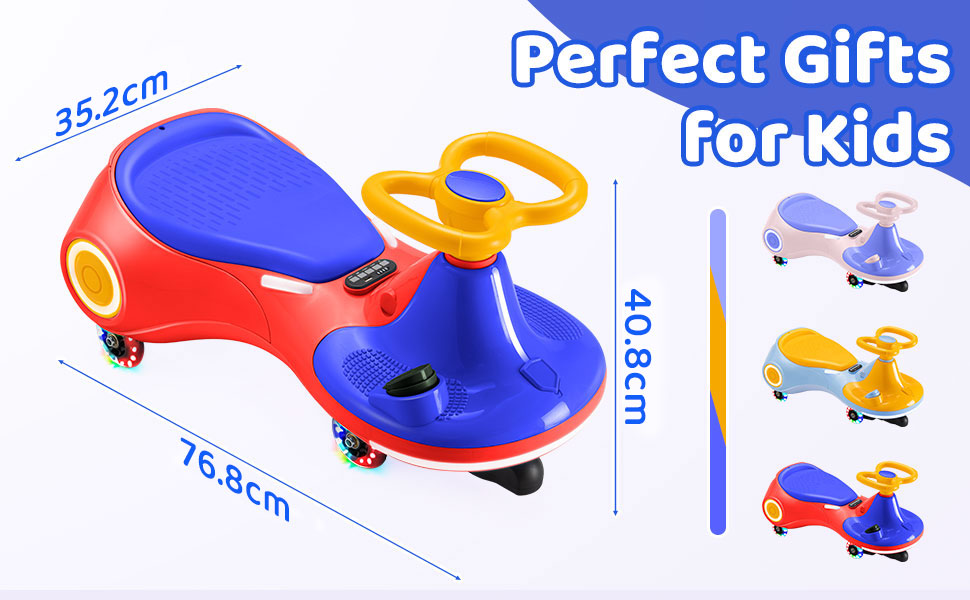 Text reads 'Perfect Gifts For Kids', dimensions '35.2cm', '76.8cm', and '40.6cm'. Red and blue ride-on toy vehicle with yellow handles shown with multiple product variants. Children's toy designed for indoor/outdoor use.