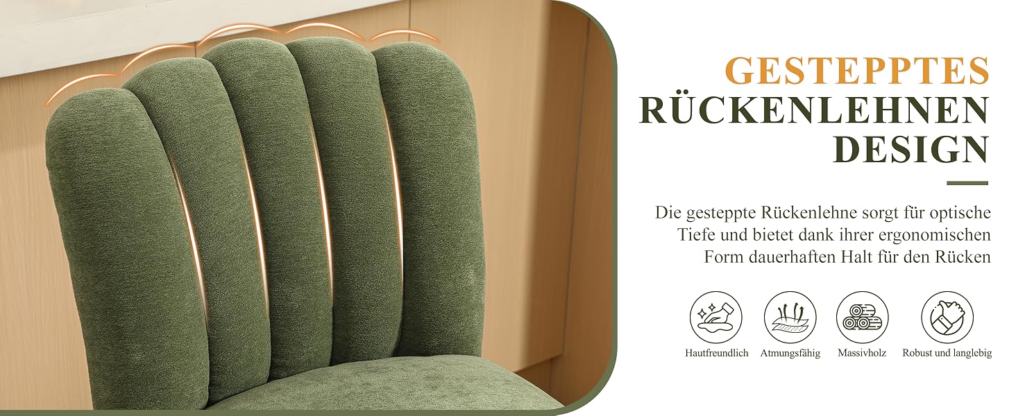 Der Text lautet „GESTEPPTES RÜCKENLEHNEN DESIGN“, gefolgt von vier kreisförmigen Symbolen. Grünes Kissen oder Kissen mit Kanalmuster auf beigefarbenem Hintergrund.