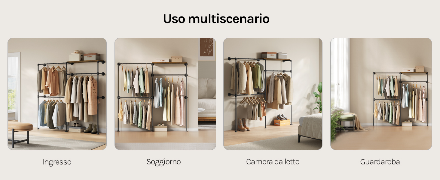 Visualizzazioni multiple di quello che sembra essere un sistema di archiviazione o organizzazione che mostra installazioni di colore beige in diverse impostazioni della stanza.