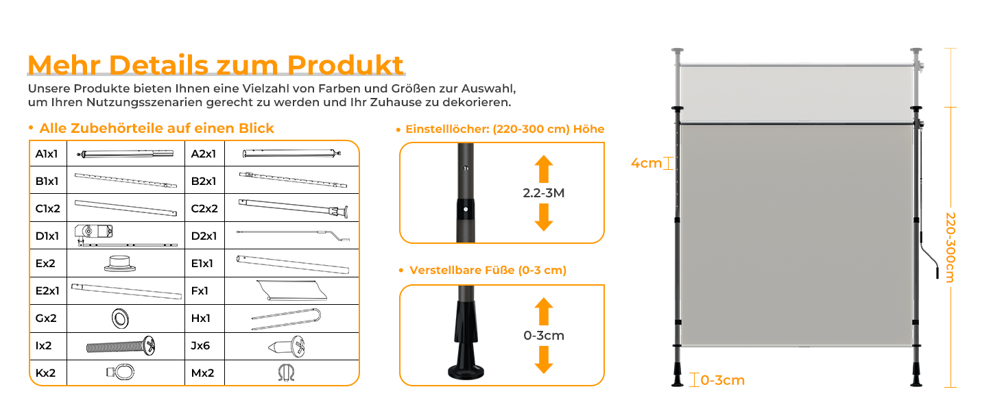 Der Text lautet „Mehr Details zum Produkt“. Technisches Diagramm mit Abmessungen und technischen Daten für ein Produktbefestigungssystem mit detaillierten Abmessungen.
