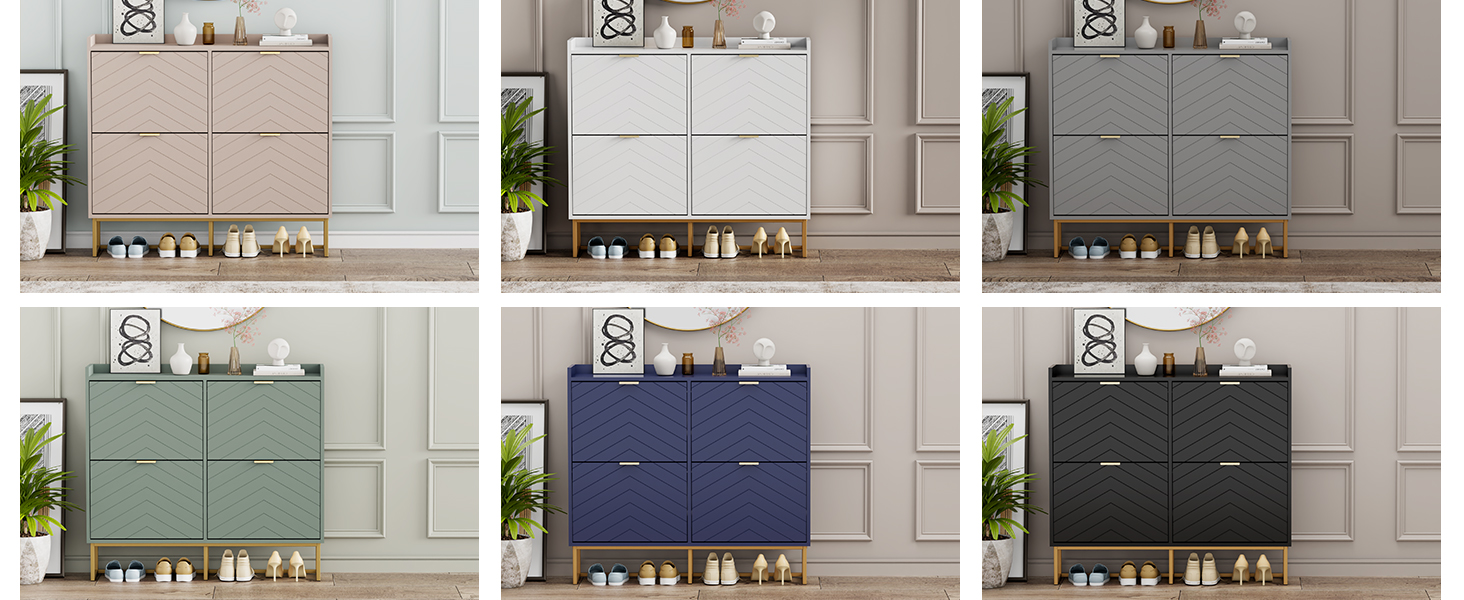 Six vitrines d'armoires aux couleurs variées affichées sous forme de grille. Chaque armoire semble être de petites unités de rangement de différentes couleurs : blanc, bois clair, vert sauge, bleu marine, anthracite et un autre ton neutre.