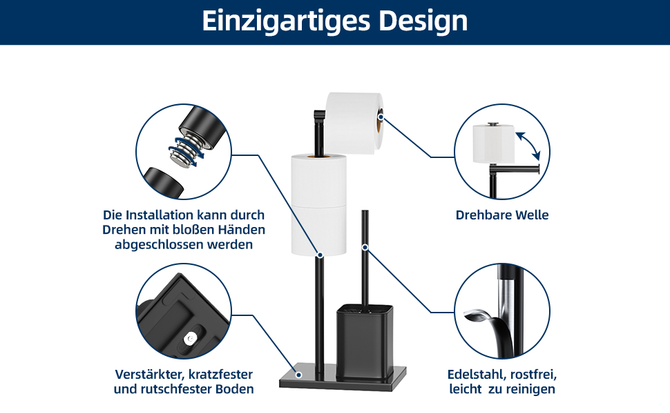 Diagramm eines Toilettenpapierhalters mit einzigartigen Designmerkmalen: drehbare Installation, schwenkbarer Schaft, verstärkte rutschfeste Basis und leicht zu reinigende Edelstahlkonstruktion
