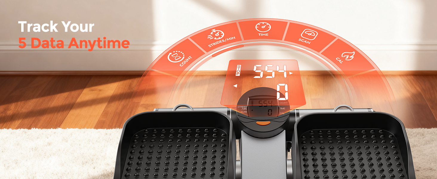 Le texte indique « Suivez vos statistiques à tout moment ». Affiche l'écran de l'équipement de fitness avec une interface circulaire orange affichant des statistiques numériques.
