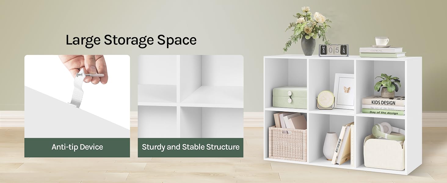 White modular cube storage unit with multiple compartments. Features large storage space, anti-tip device, and sturdy structure.