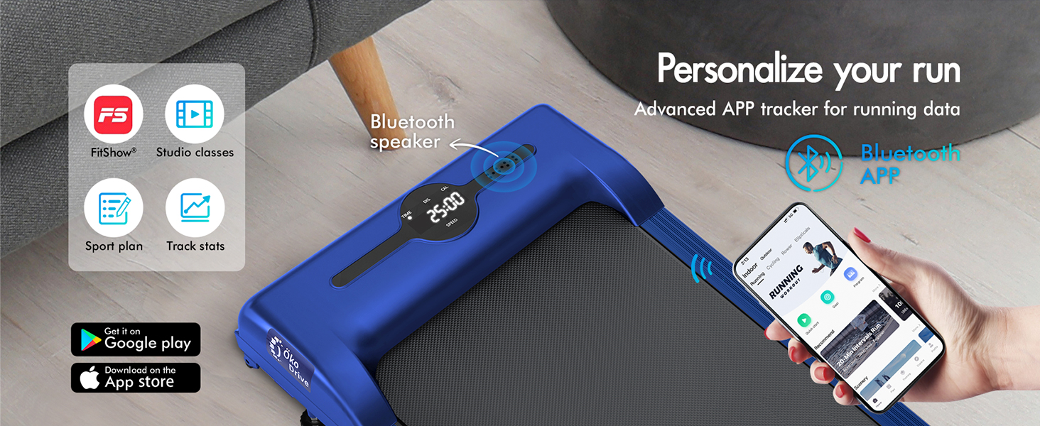 Blue Bluetooth speaker with digital display next to smartphone showing running app. Icons indicate fitness tracking features. Text mentions personalizing your run with advanced app.