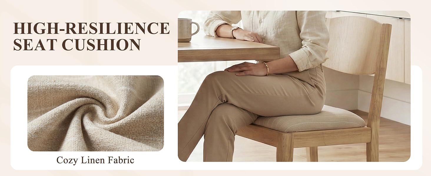 Text reads 'HIGH-RESILIENCE SEAT CUSHION' and 'Cozy Linen Fabric'. Beige upholstered armchair with close-up texture detail showing cushion material composition and resilient padding properties.