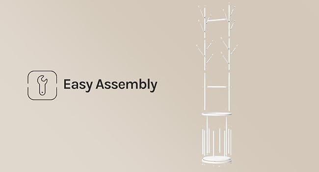 Text reads 'Easy Assembly' with assembly icon. Beige background showing vertical assembly diagram illustrations.