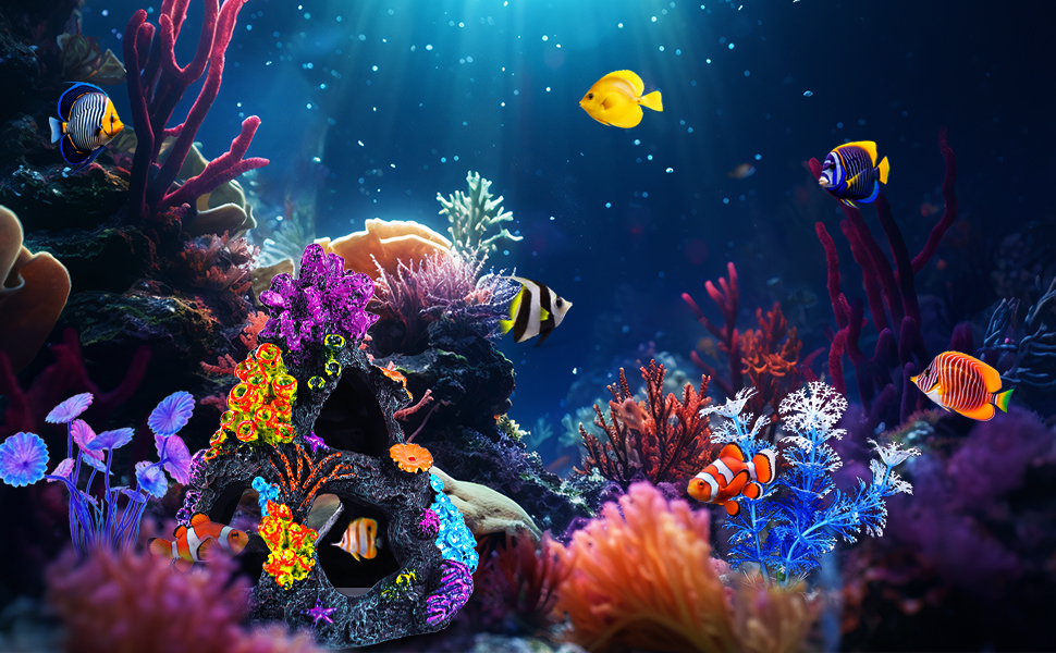 Vibrant underwater scene with tropical fish swimming among colorful coral reefs, featuring bright purple, orange, and blue marine life.