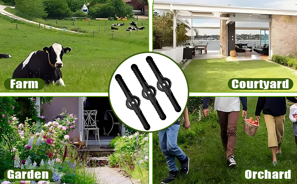 Image composite présentant des scènes extérieures : ferme avec vache, cour moderne, jardin fleuri, verger avec des gens qui se promènent. L'image circulaire centrale montre trois bracelets ou bracelets noirs.