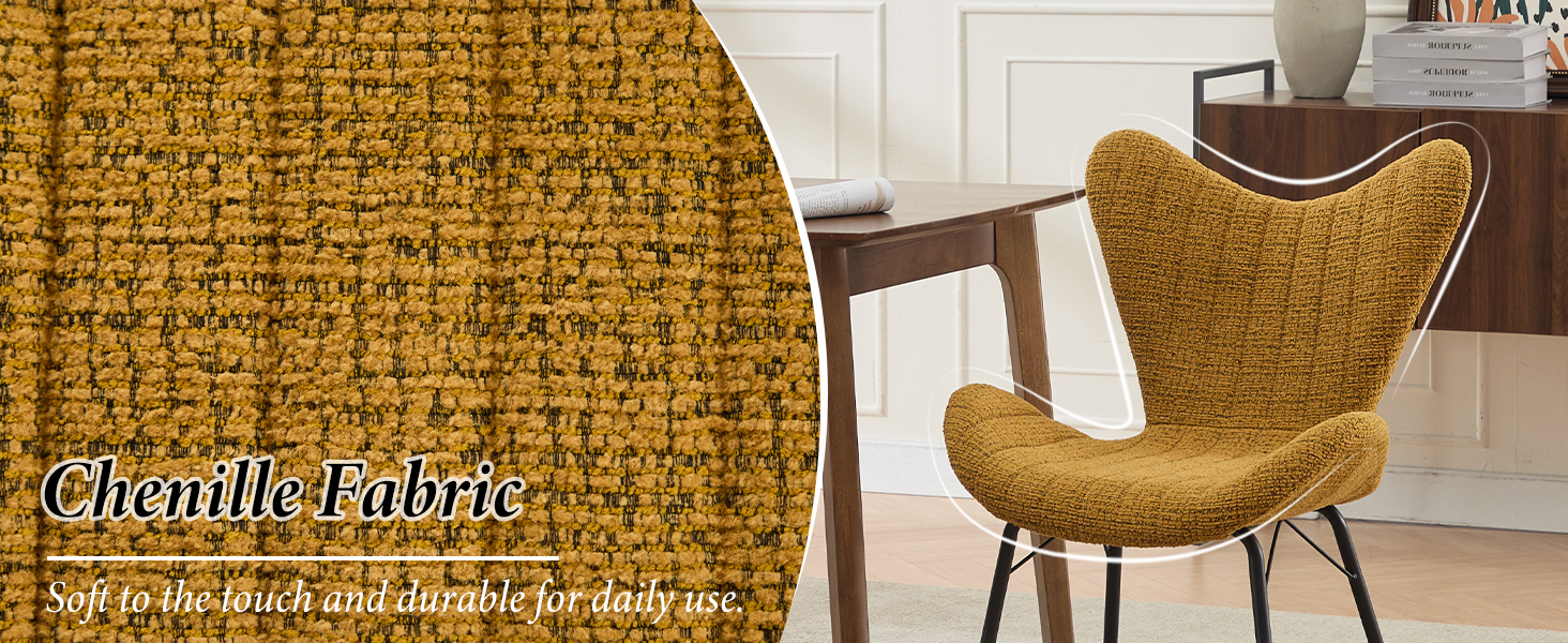 Text reads 'Chenille Fabric'. Same golden wing chair shown from a similar angle, highlighting the textured chenille upholstery material.