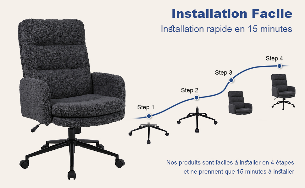 montrant quatre étapes avec illustrations, comprenant une chaise rembourrée grise avec dossier haut et accoudoirs