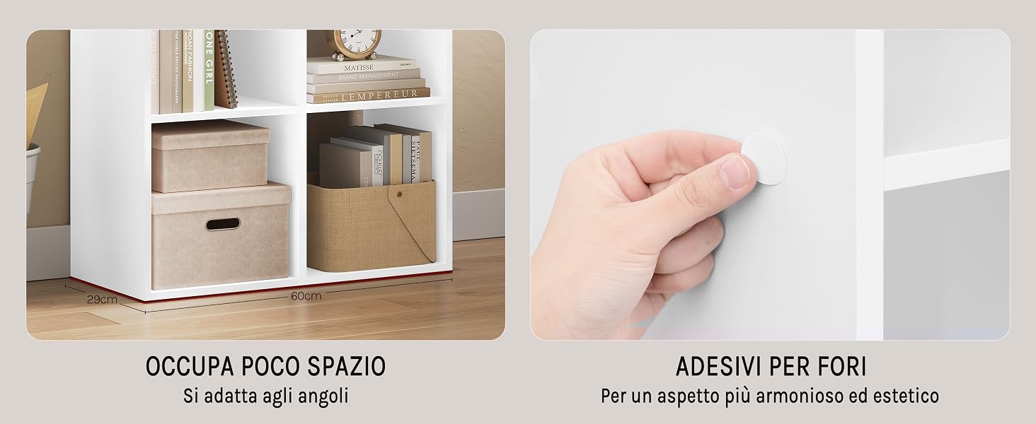 Mobile contenitore modulare bianco con cassetti e scatole in legno. Due pannelli mostrano l'unità e una mano mostra i tamponi adesivi per la stabilità