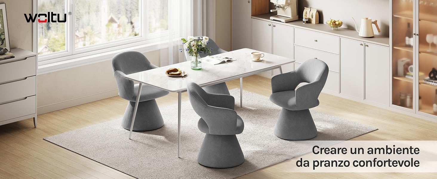 Il testo recita il marchio «WEITY» e «Creare un ambiente da pranzo confortevole» (Creare un ambiente da pranzo confortevole). Set da pranzo moderno con tavolo bianco e sedie imbottite grigie in cucina minimalista con illuminazione naturale.