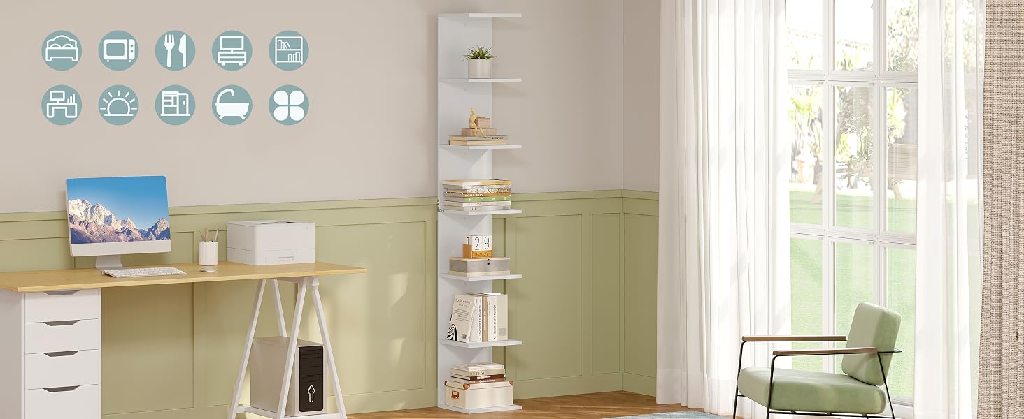 Spazio home office con pareti verde chiaro, scaffale bianco e sedia. Le icone sulla parete rappresentano vari servizi domestici o funzioni domestiche intelligenti