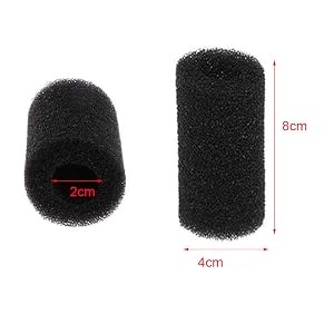 Two black foam microphone windscreens shown with dimensions: smaller one 2cm diameter, larger one 8cm length and 4cm diameter.