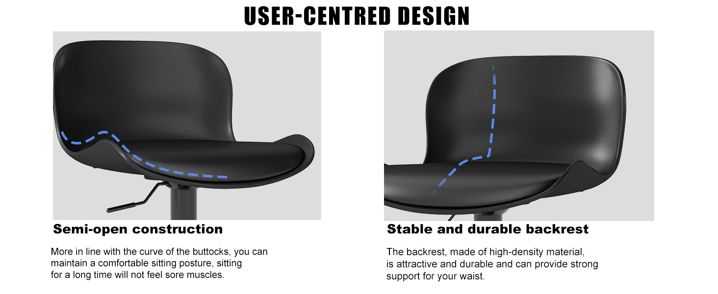 Text reads 'USER-CENTERED DESIGN'. Black chair product specifications showing 'Semi-open construction' and 'Stable and durable backrest' features with detailed views.