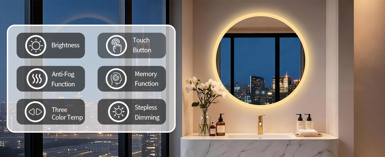 Serie di icone dell'interfaccia che mostrano opzioni di impostazione tra cui «Nighttime», «Radio Button» e altre funzioni di controllo su sfondo scuro con elementi di design circolari illuminati.