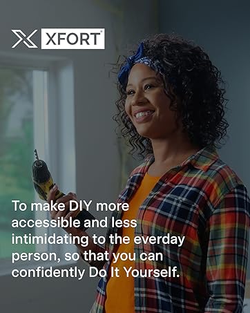 Power drill held by person in plaid shirt. Text promotes DIY accessibility. XFORT logo in top-left corner suggests brand of tools or DIY products.