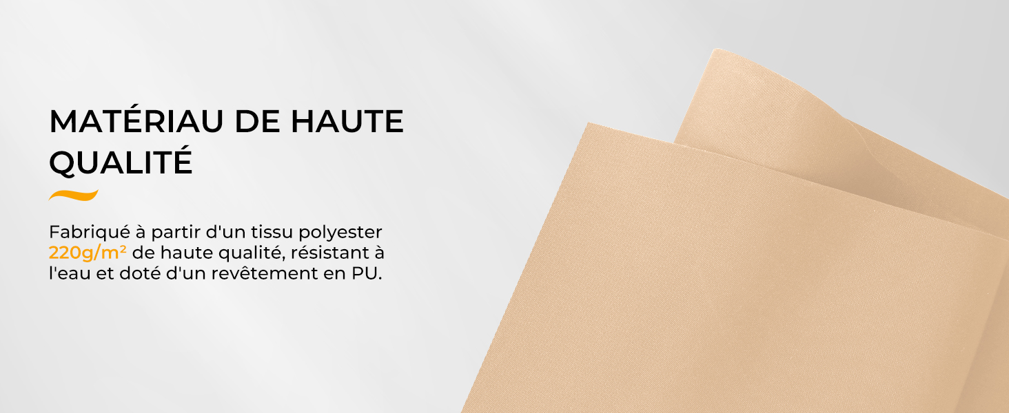 Le texte indique « MATÉRIAU DE HAUTE QUALITÉ ». L'image montre plusieurs feuilles de papier ou de matériau de couleur beige empilées ensemble.