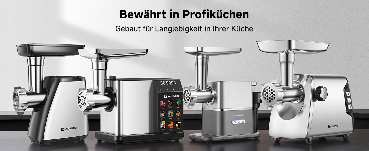 Der Text lautet „Bewährt in Profililichen“ und „Garant für Leistung in der Küche“. Das Bild zeigt fünf professionelle Küchengeräte, darunter Fleischschleifer und Küchenmaschinen, in einer Reihe angeordnet.