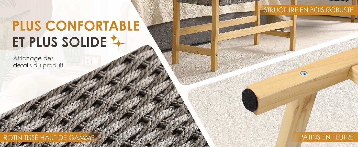 Le texte indique « PLUS CONFORTABLE » et « ET PLUS SOLIDE ». L'image montre un gros plan des détails de l'installation des meubles ou des revêtements de sol avec un ruban à mesurer visible.