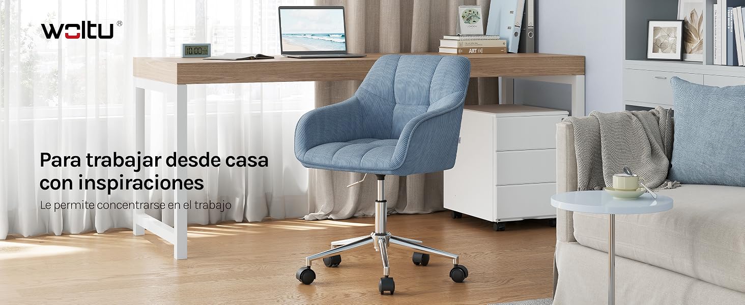 El texto dice «weitu» y «Para trabajar desde casa con inspiraciones». Configuración de oficina en casa con silla de oficina tapizada en azul y escritorio de madera con unidades de almacenamiento blancas, estanterías y artículos decorativos en un espacio de trabajo luminoso.