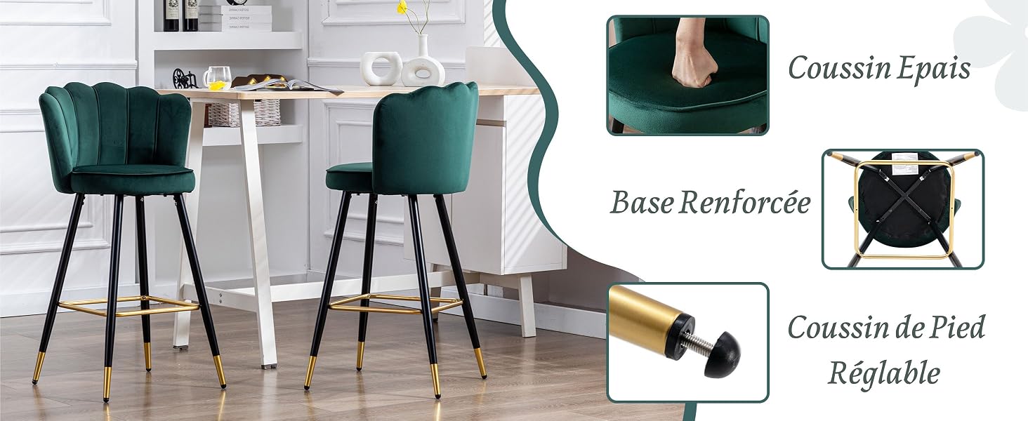Le texte se lit comme suit : « Image 3 », « Coussin Épis », « Bases Renforçées », « Coussin de Pied Réglable ». Ensemble de salle à manger moderne avec table ronde blanche et chaises en velours vert émeraude.