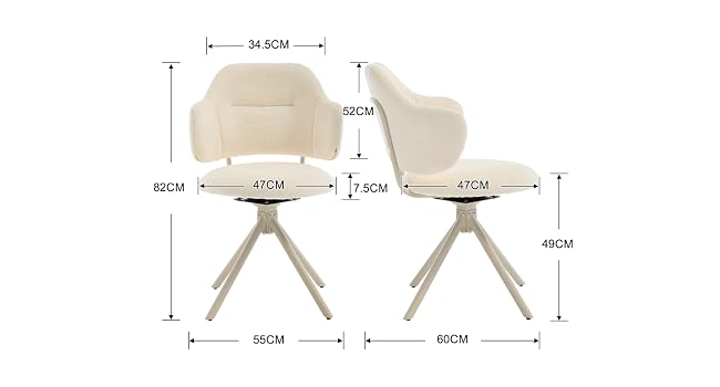 Die technische Abbildung des gepolsterten Sessels zeigt die Maße: 34,5 cm Breite, 82 cm Höhe, 47 cm Tiefe, 17,5 cm Sitzhöhe, 47 cm Fußbreite, 56 cm Fußtiefe, 60 cm Maße. Beiger Drehstuhl aus Stoff auf Holzbeinen mit mehreren Blickwinkeln.