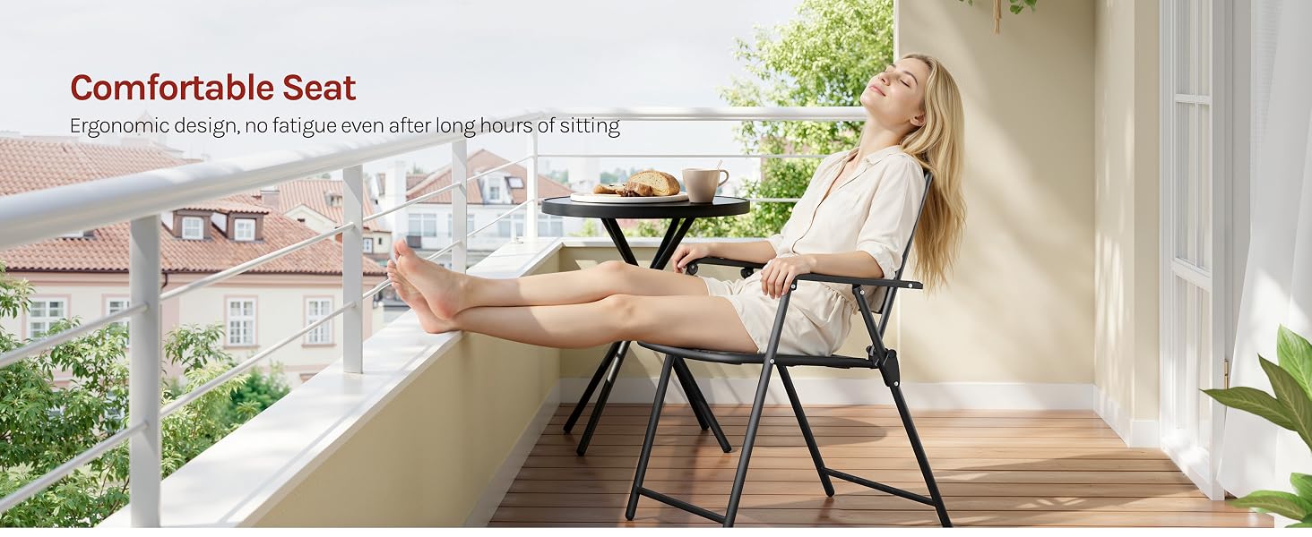 Text reads 'Comfortable Seat'. Woman sitting on black folding camping chair on outdoor patio with table and blurred garden background.
