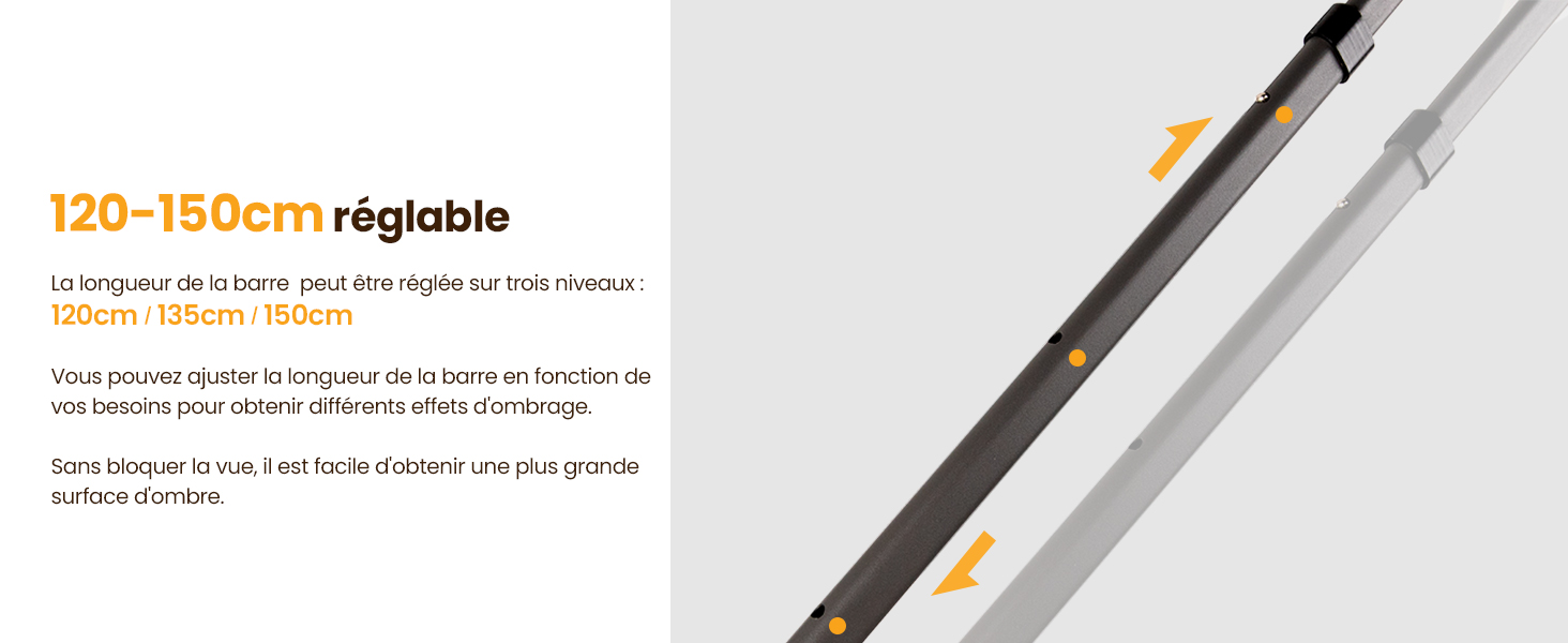Le texte indique « réglable de 120 à 180 cm ». Image technique du produit montrant un mécanisme ou un système de rails réglable avec des spécifications de mesure.