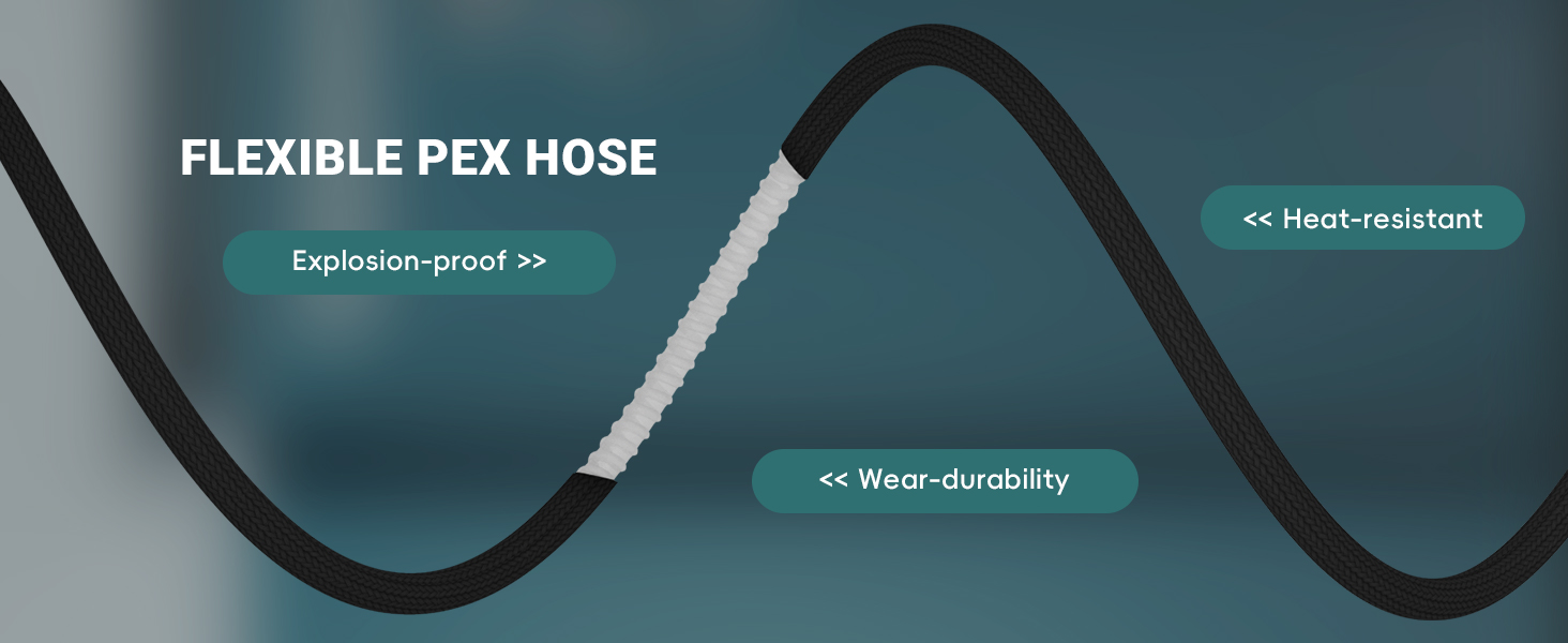 Text reads 'FLEXIBLE PEX HOSE'. Close-up images of black flexible hose or tubing against a teal background, showing various angles and connection points.