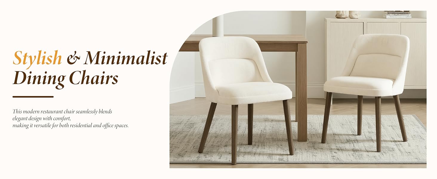 Text reads 'Stylish &amp; Minimalist Dining Chairs'. Two cream-colored upholstered dining chairs with curved backs and tapered legs shown against neutral background.