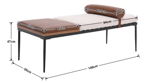 Brown pet bed platform with black metal frame legs. Dimensions marked: 47cm height, 9cm depth, 140cm length. Metal tube frame structure with elevated brown cushioned surface.