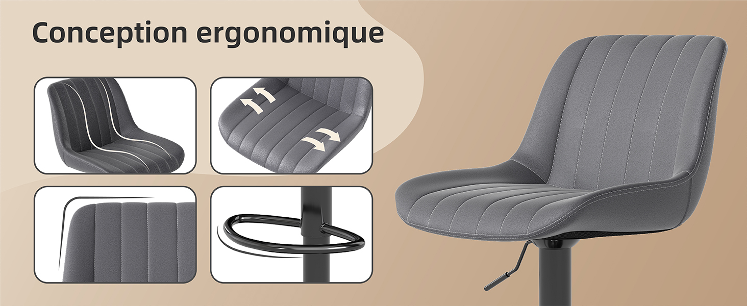 Le texte indique « Conception ergonomique ». Schéma technique montrant la conception d'un coussin ou d'un coussin ergonomique gris avec plusieurs angles et vues des composants.
