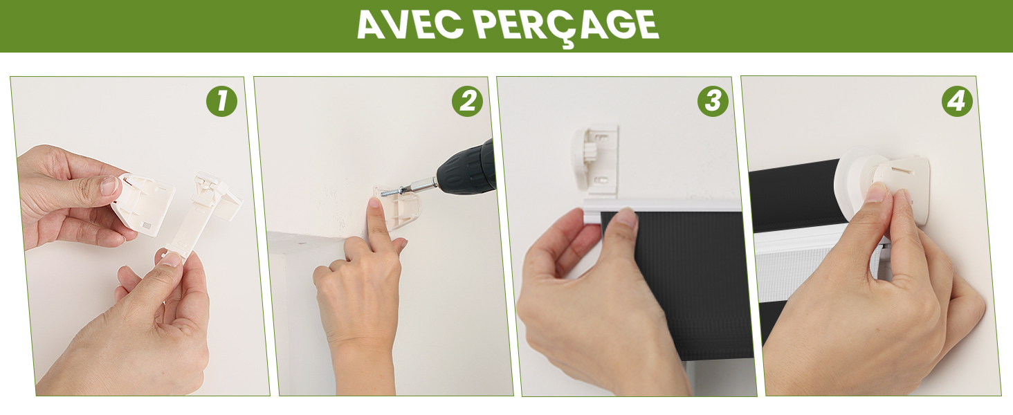 Guide d'instructions en quatre étapes pour l'installation de bandes adhésives perforées. Les mains montrent comment peler, positionner, presser et retirer le support pour fixer la bande à une surface.