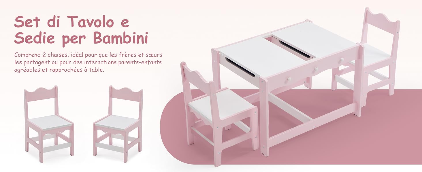 Il testo dice «Set di Tavolo e Sedie per Bambini». Immagine illustrata rosa del prodotto che mostra il set di mobili con tavolo e sedie per bambini progettato per bambini piccoli.
