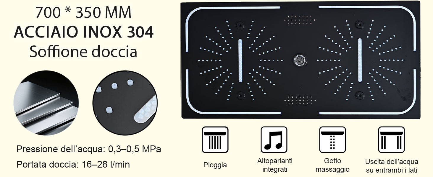 Il testo recita «700 * 350 MM ACCIAIO INOX 304 Soffione doccia», «Pressione dell'acqua: 0,3—0,5 MPa», «Portata doccia: 16—28 l/min». Soffione rettangolare nero in acciaio inossidabile con getti d'acqua e icone delle specifiche per le persone, funzioni integrate, modalità massaggio e terapia delicata.