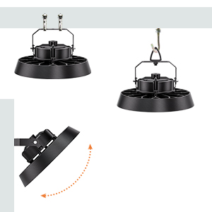Schwarze industrielle Pendelleuchten mit verstellbarer Halterung und neigbarem Design. Mehrere Ansichten zeigen den Aufhängemechanismus und den Bewegungsbereich