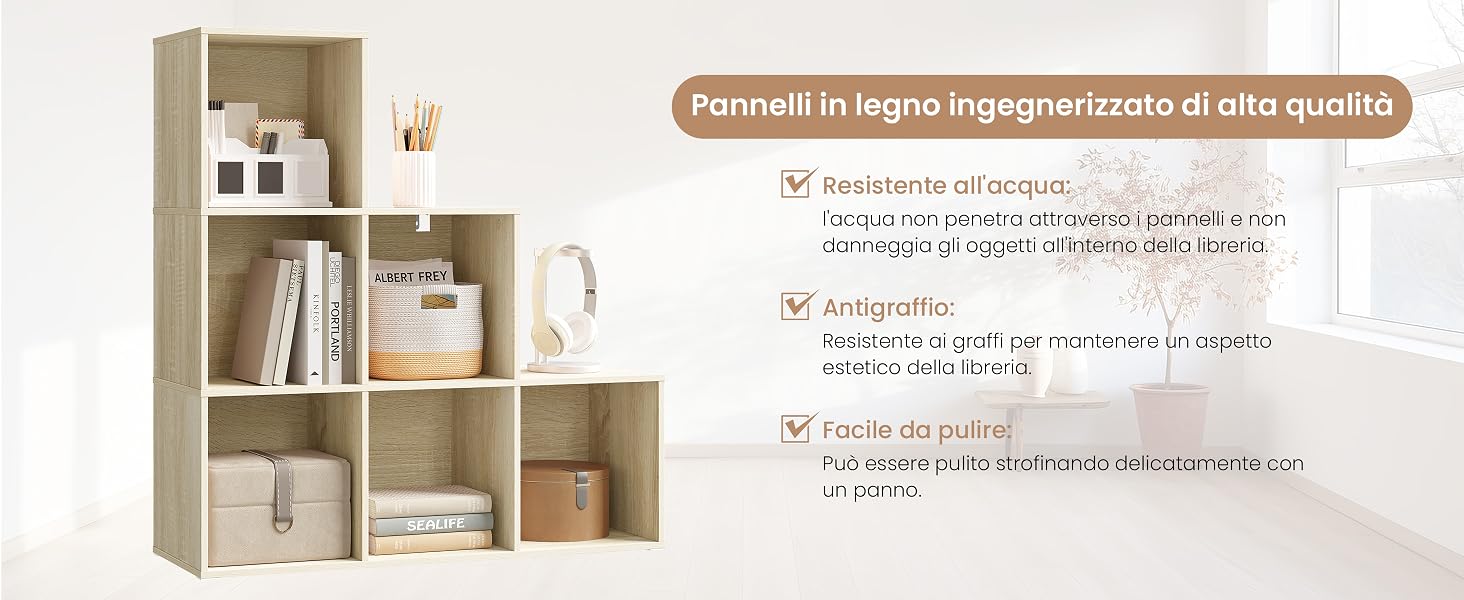 Contenitore modulare a cubo in legno con sei scomparti.