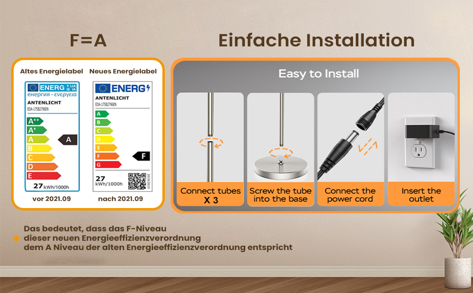 Installation guide showing four-step process with icons for base connection, screw installation, power cord connection, and final setup.
