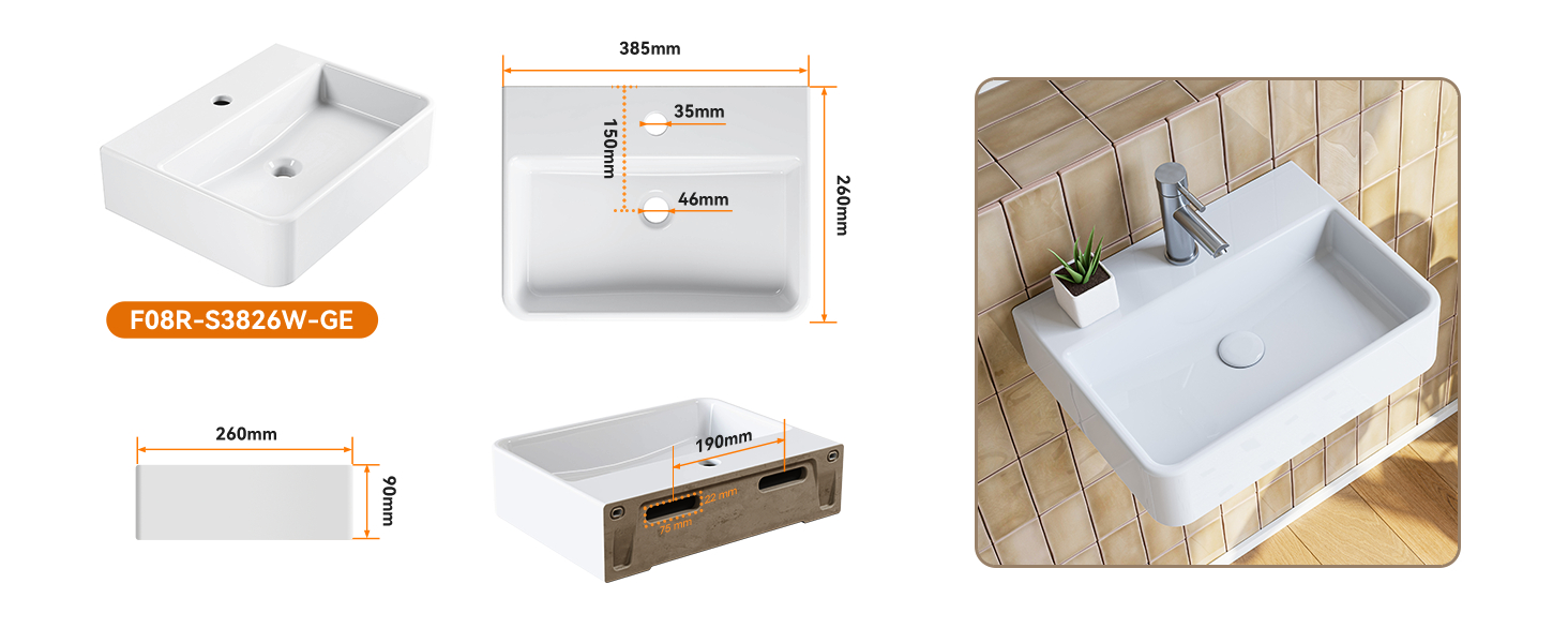 Lavabo da bagno rettangolare in ceramica bianca con dimensioni dettagliate. Mostrato da più angolazioni, tra cui vista dall'alto, profilo laterale e installato su una superficie di legno. Include foro di scarico e troppopieno