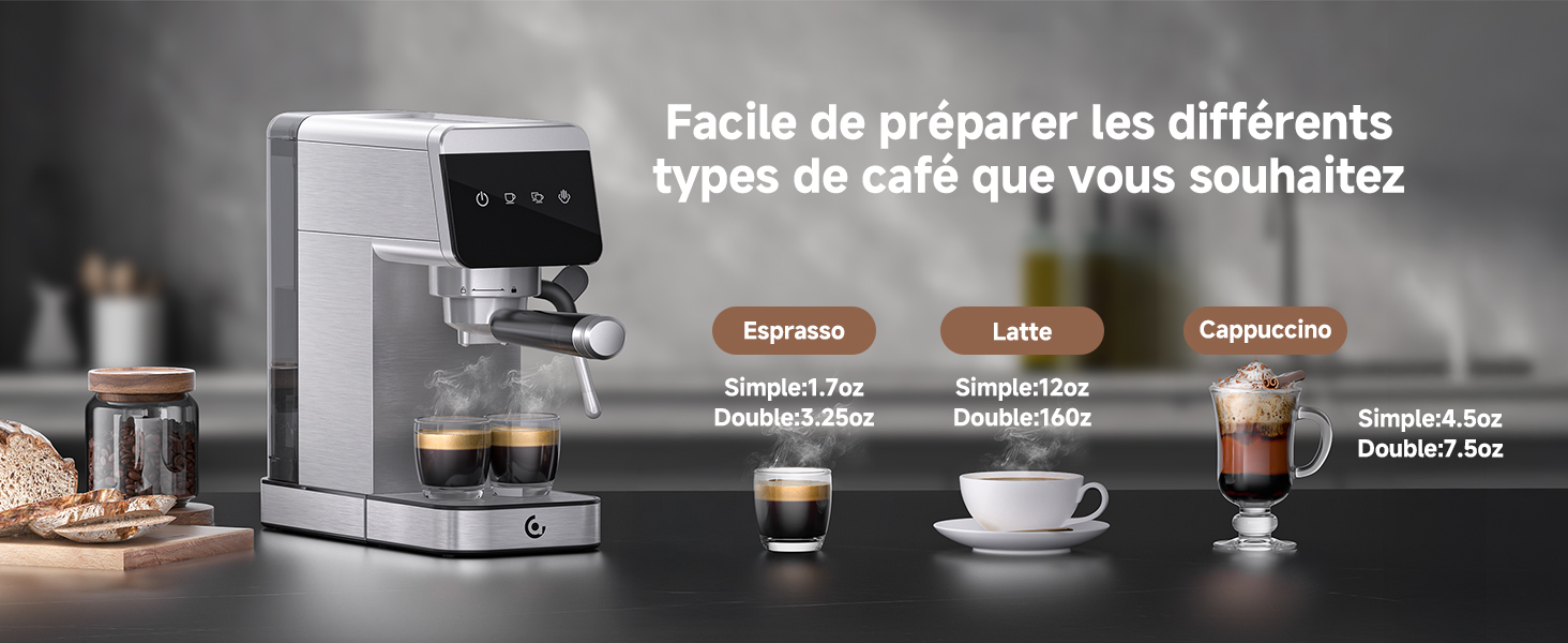 avec écran affichant différentes options de café : espresso, latte et cappuccino. Machine illustrée avec diverses tasses à café et accessoires.