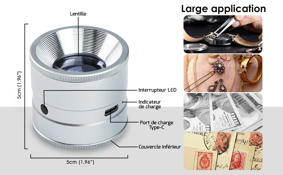 Il testo indica 'Applicazione su larga scala'. Schema tecnico dettagliato e foto che mostrano una lente di ingrandimento circolare con segni di misurazione e dimostrazioni applicative.