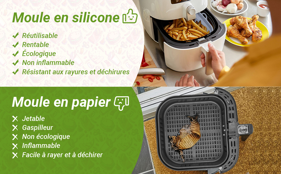 Los moldes para freidora de aire están hechos de silicona y son superiores a los moldes de papel.