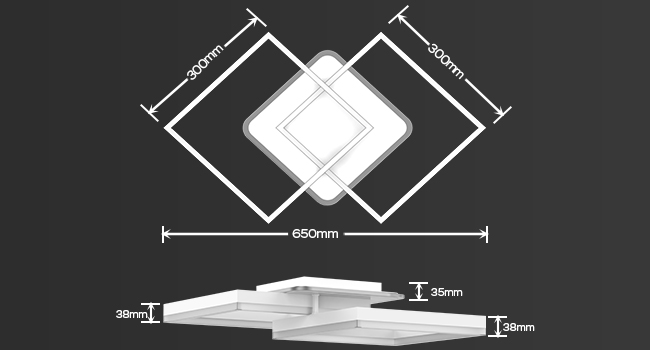 Diagramm mit den Abmessungen einer quadratischen Leuchte. Die Gesamtbreite beträgt 650 mm mit 300 mm Seiten. Die Höhe variiert zwischen 8 mm und 49 mm in drei Schichten