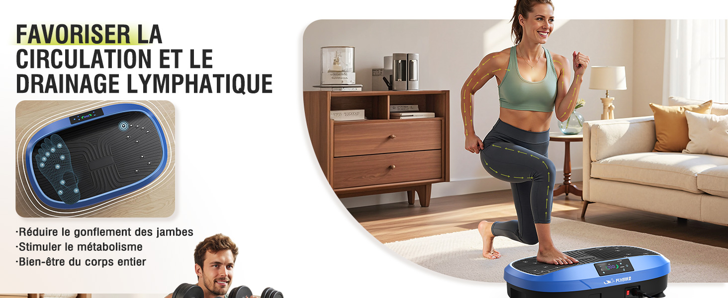 avec surface texturée. Femme faisant de l'exercice sur un appareil dans le salon. L'image incrustée montre les jambes de l'homme sur la plate-forme. Le texte français décrit les bienfaits du système lymphatique