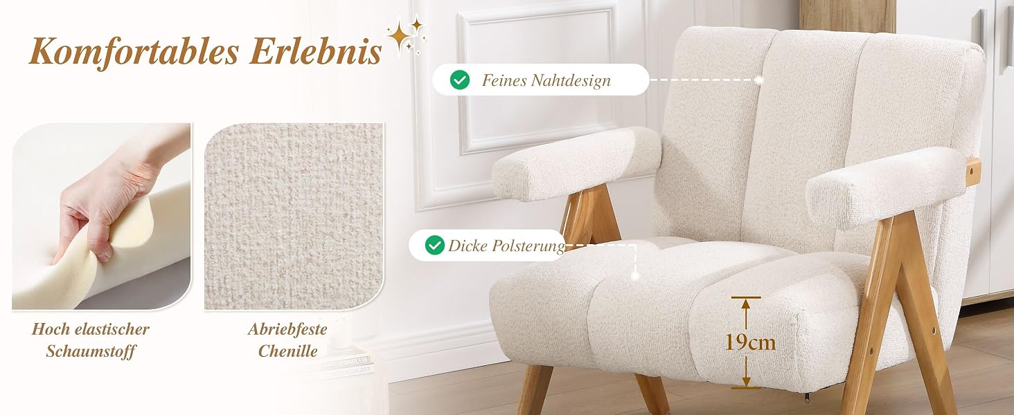 Der Text lautet „Komfortables Erlebnis“. Bilder zur Produktdemonstration, die den Installations- oder Einrichtungsvorgang in einer häuslichen Umgebung mit Beigetönen zeigen.