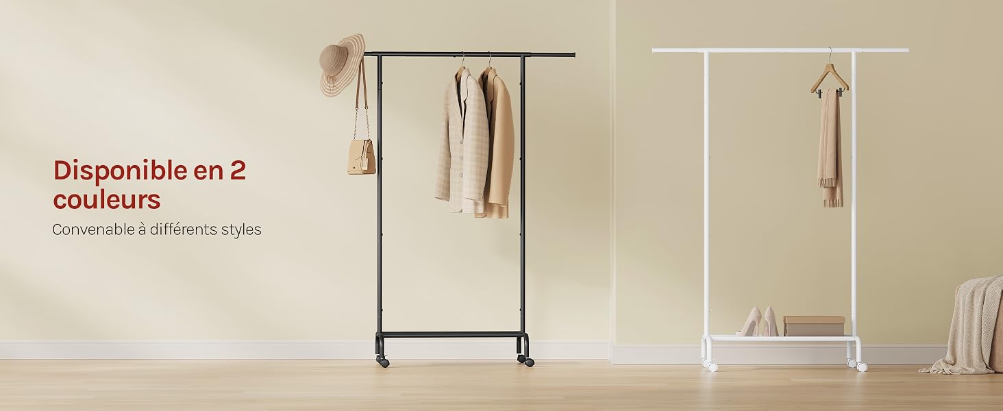 Le texte indique « Disponible en 2 couleurs » et « De la taille S à M - 1,4m ». Porte-vêtements minimaliste avec des versions à cadre noir et blanc présentées avec des vêtements suspendus sur un fond mural neutre.